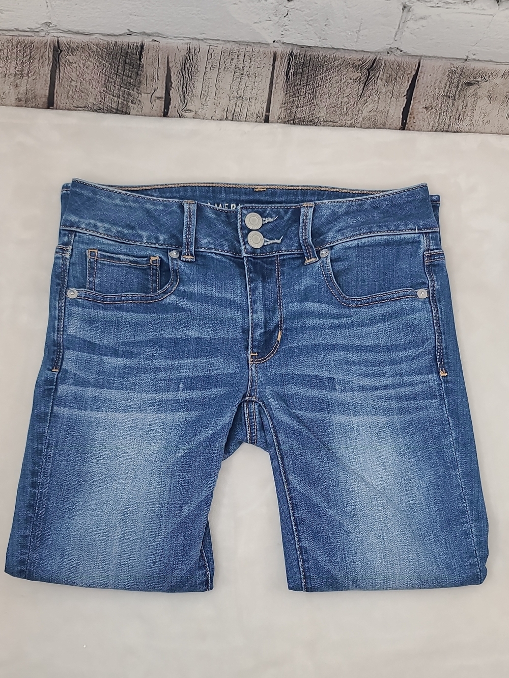 AE Next Level Artist Stretch Cotton Denim Low Rise Straight Crop Leg Jean Blue - Picture 10 of 17